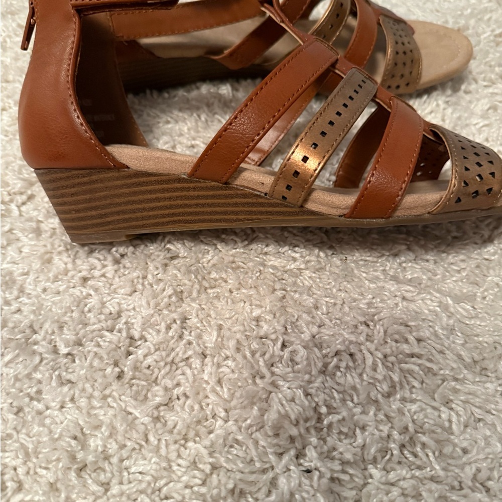 St. John's Bay Brown Tan Wedge Sandals with Intricate Straps